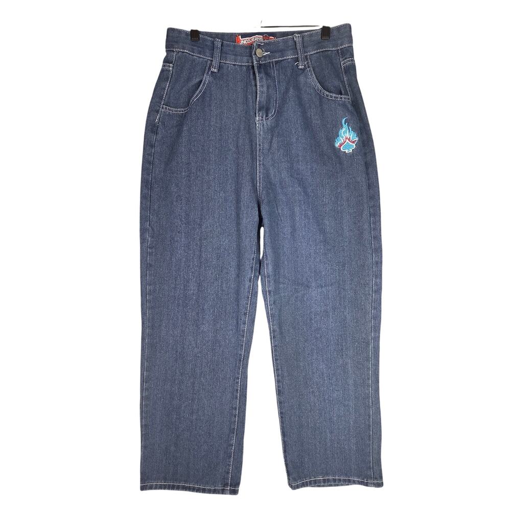 JNCO HONEST EMBROIDERED DENIM JEANS BLUE SKULL FLAME GRAPHIC - MEN'S SIZE MEDIUM